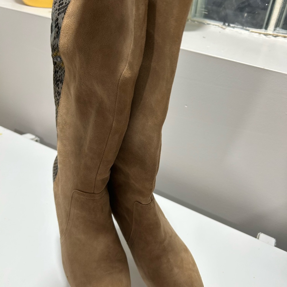 Anne Klein Tan Suede Over-the-Knee Boots with Snakeskin-Print Back